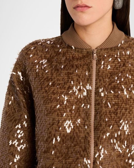 Brunello Cucinelli Brown Sequined Silk Bomber Jacket