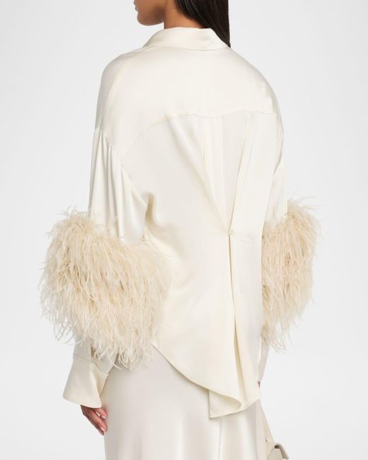 LAPOINTE Natural Satin Button-Down Blouse With Feather Trim