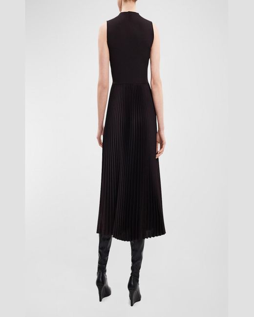 Theory Black Sleeveless Satin Pleated Combo Midi Dress