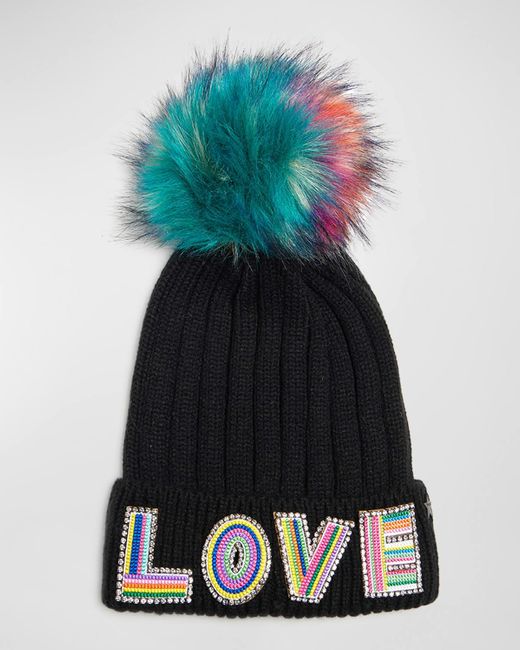 Jocelyn Black Love Knit Wool Beanie With Faux Fur Pom