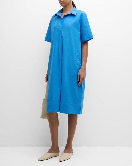 Eileen Fisher Blue Pleated Organic Cotton Poplin Midi Shirtdress