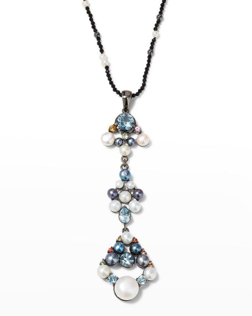 M.c.l  Matthew Campbell Laurenza White Pearl Dangle 3-drop Necklace With Sapphires And Topaz