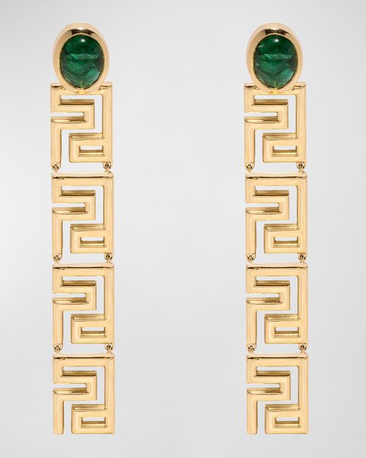 Azlee Metallic Greek Pattern Emerald Long Drop Earrings