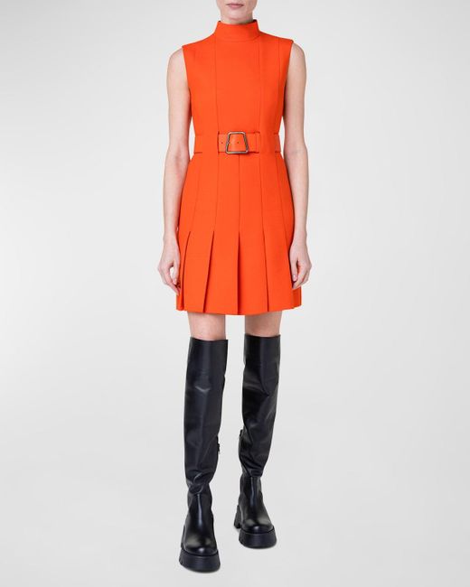 Akris Orange Mock-Neck Sleeveless Belted Pleated Mini Dress