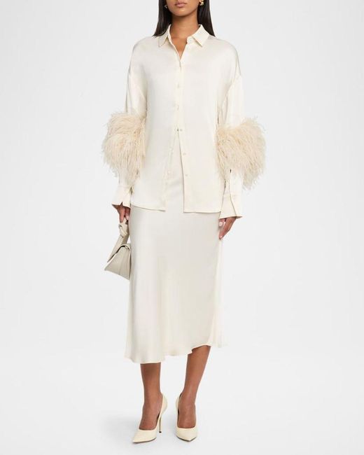 LAPOINTE Natural Satin Button-Down Blouse With Feather Trim