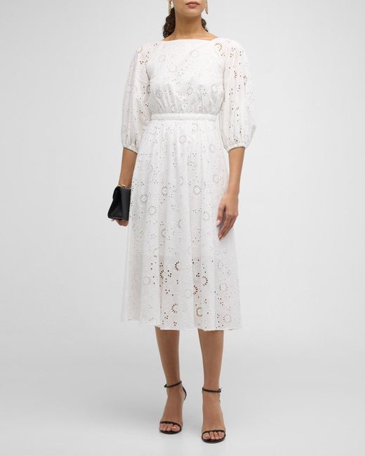 Carolina Herrera White Shirred Puff-Sleeve Broderie Anglaise Midi Dress