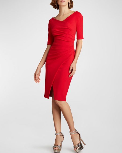 Tadashi Shoji Red Elbow-sleeve Ruched Crepe Midi Dress