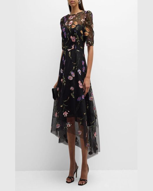 Teri Jon Black High-Low Floral-Embroidered Tulle Maxi Dress