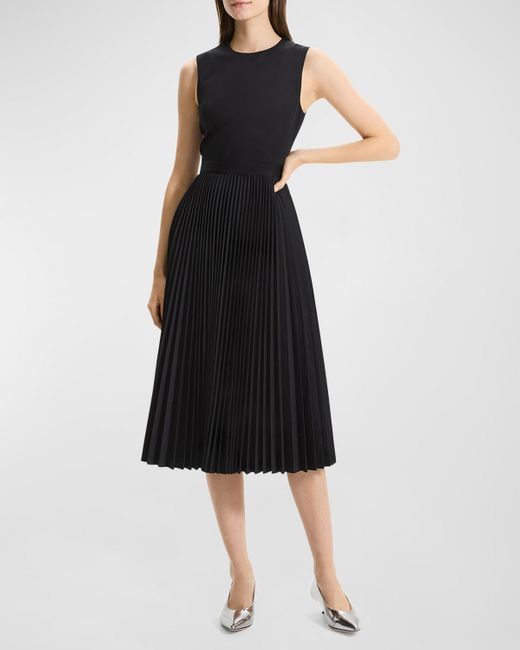 Theory Black Pleated-Skirt Sleeveless Midi Dress