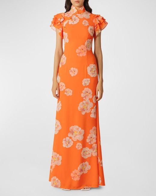 SAU LEE Orange Sylvie Mandarin-Collar Floral Chiffon Maxi Dress