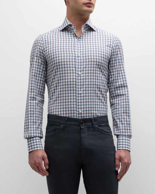 Isaia Blue Cotton Check Button-Down Shirt for men