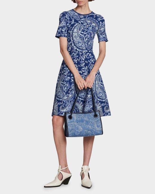 Etro Blue Paisley Knit Short-Sleeve Dress