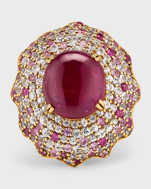 Alexander Laut Pink 18k Yellow Gold Ruby Ring With Diamonds And Sapphires, Size 7.5
