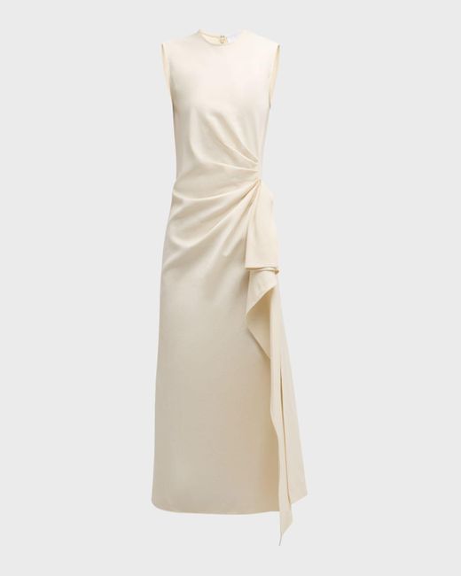 Mantu Natural Sleeveless Pleated Cotton-Linen Midi Dress