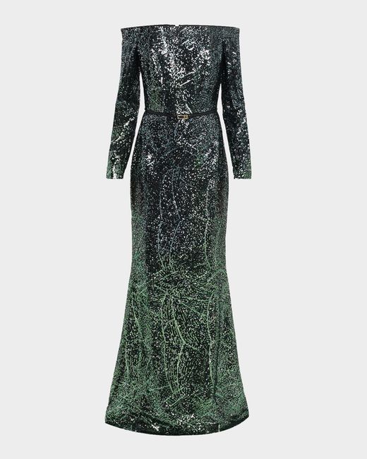 Elie Saab Green Off-The-Shoulder Ombre Sequined Long-Sleeve Gown