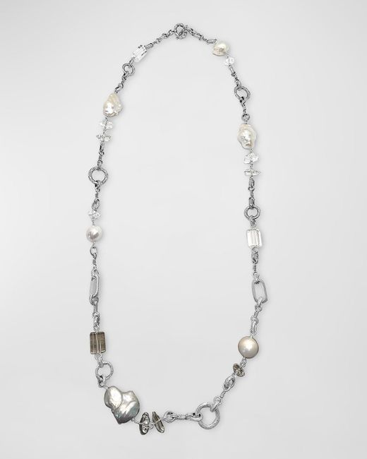 Stephen Dweck White Natural Quartz And Baroque Pearl Necklace In Sterling Silver