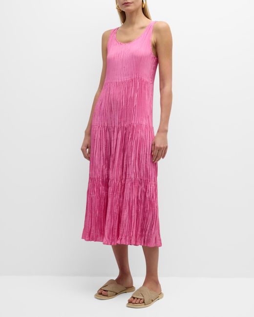 Eileen Fisher Pink Tiered Sleeveless Crinkled Midi Dress