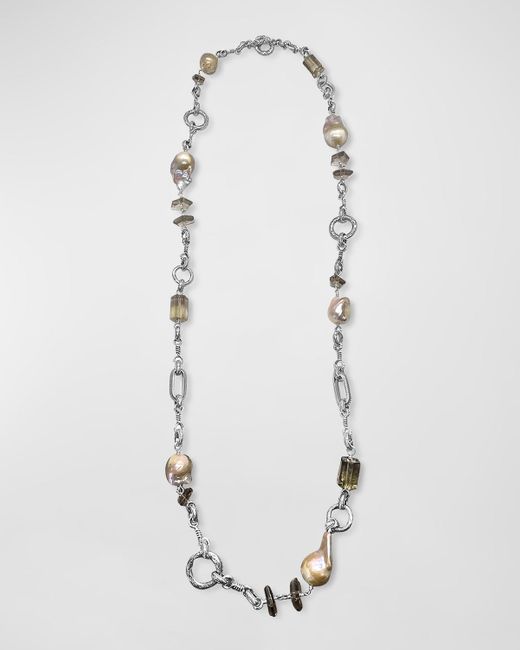 Stephen Dweck White Smoky Quartz And Baroque Pearl Necklace In Sterling Silver