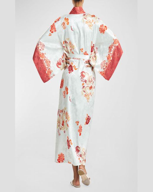 Natori White Kimono-Sleeve Dragon Jacquard Satin Robe