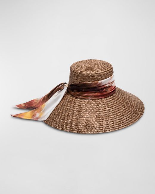 Eugenia Kim Brown Mirabel Straw Large-Brim Hat With Patterned Scarf