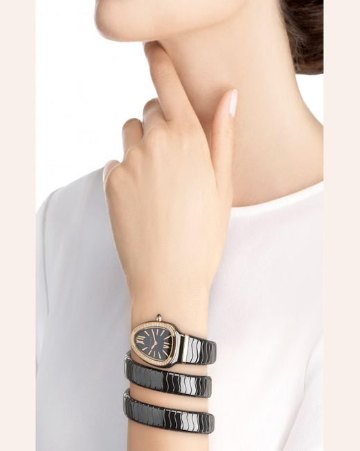 BVLGARI Serpenti Black Ceramic & 18k Rose Gold Double Twist Bracelet Watch