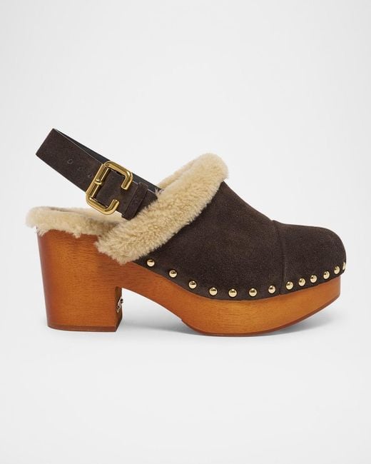 Chloé Brown Jeanette Suede Shearling-Lined Clogs
