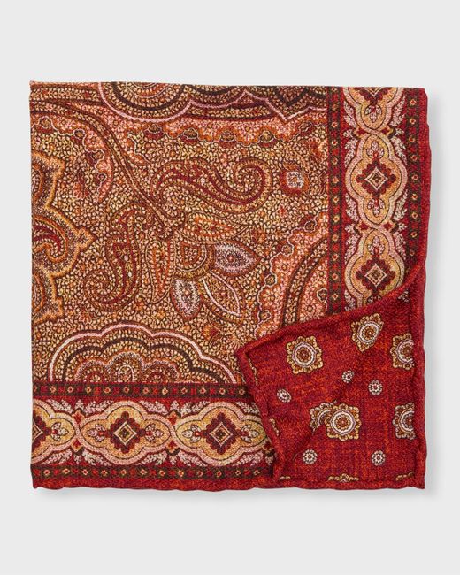 Edward Armah Red Paisley/floral Reversible Silk Pocket Square for men