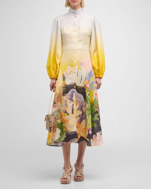 LEO LIN Yellow Nellie Coral-Print Balloon-Sleeve Midi Dress