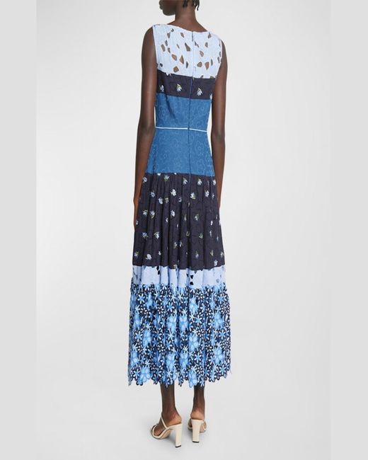 Talbot Runhof Blue Flower Embroidered Patchwork Sleeveless Tea-Length Dress