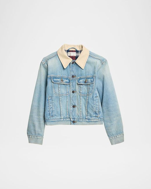 The Row Blue Joras Crop Denim Jacket With Corduroy Collar