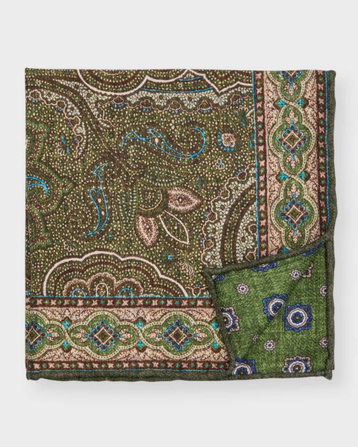 Edward Armah Green Paisley/Floral Reversible Silk Pocket Square for men