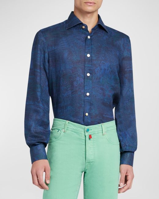 Kiton Blue Cotton Scenic-Print Casual Button-Down Shirt for men