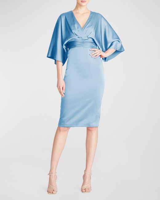 THEIA Blue Kimono-Sleeve Satin Cocktail Dress