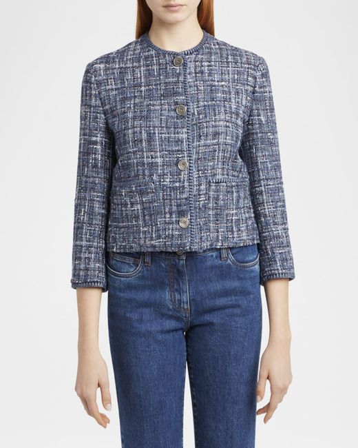 Etro Blue Single-Breasted Tweed Crop Jacket
