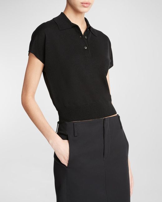 Vince Black Wool Cashmere Cap-Sleeve Polo Top