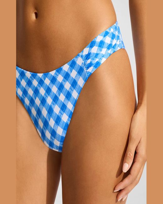 Seafolly Blue Plaid High-Leg Ruched Bikini Bottoms
