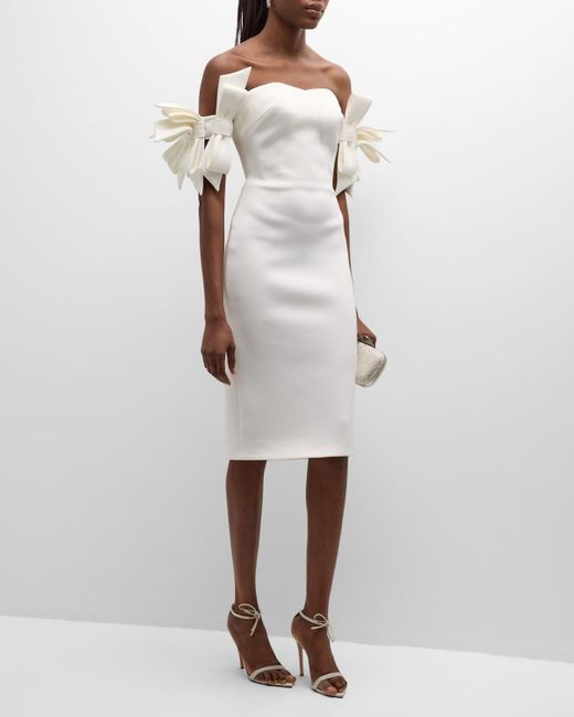 Jovani White Off-Shoulder Bow-Embellished Midi Dress