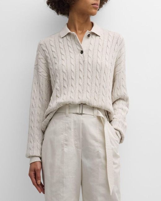 Brunello Cucinelli Gray Cotton Diamante Cable Knit Polo Sweater