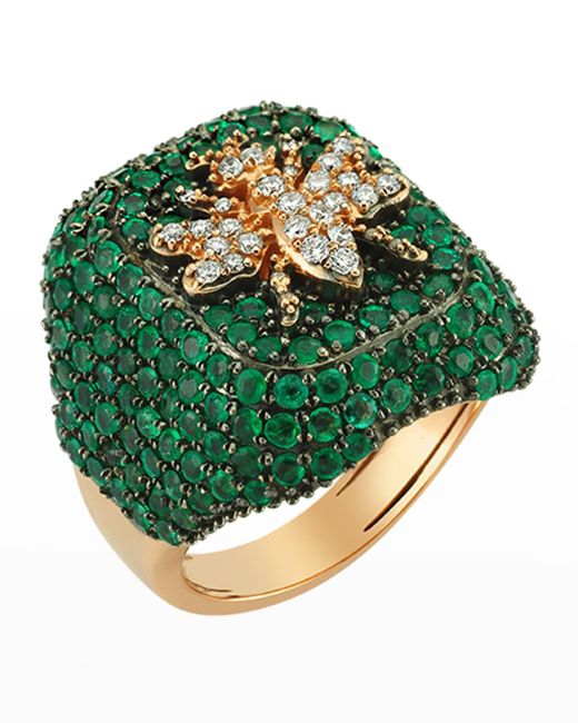 BeeGoddess Green 14k Rose Gold Queen Bee Ring With Emeralds, Size 7