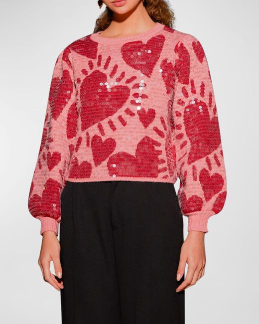 FARM Rio Heart Sequin Crewneck Sweater in Red | Lyst