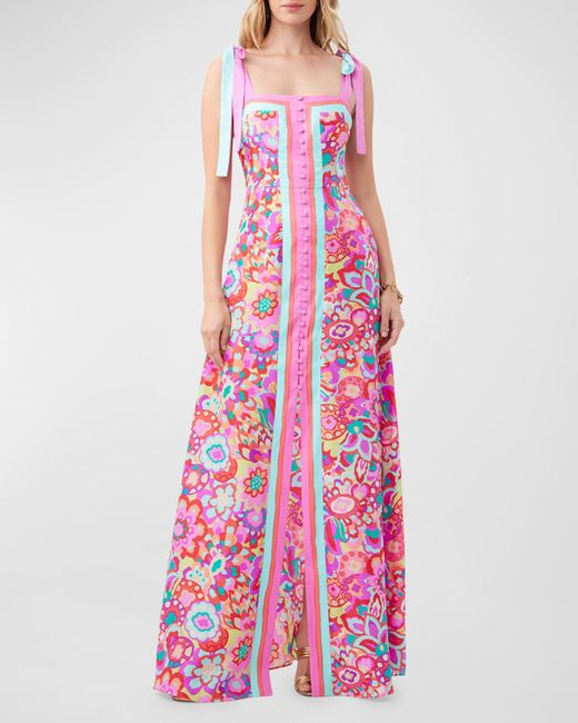 Trina Turk Pink Cami Floral-Print Button-Front Maxi Dress