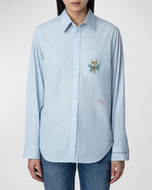 Zadig & Voltaire Blue Taskiz Raye Striped Multi Printed Button-Front Shirt