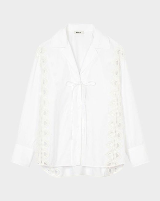 Sandro White Obelle Embroidered Tie-Front Shirt
