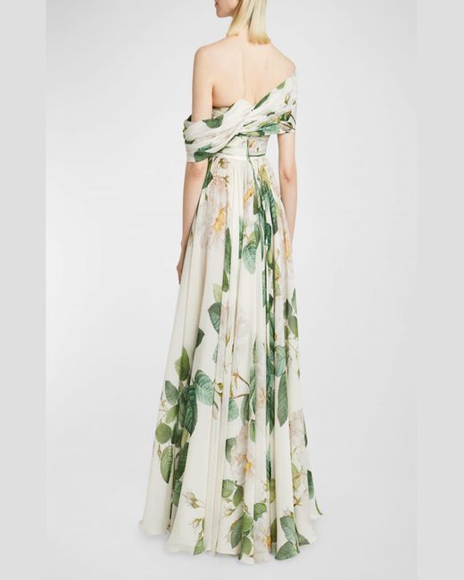 Giambattista Valli Green Floral-Print Twisted Off-The-Shoulder Gown