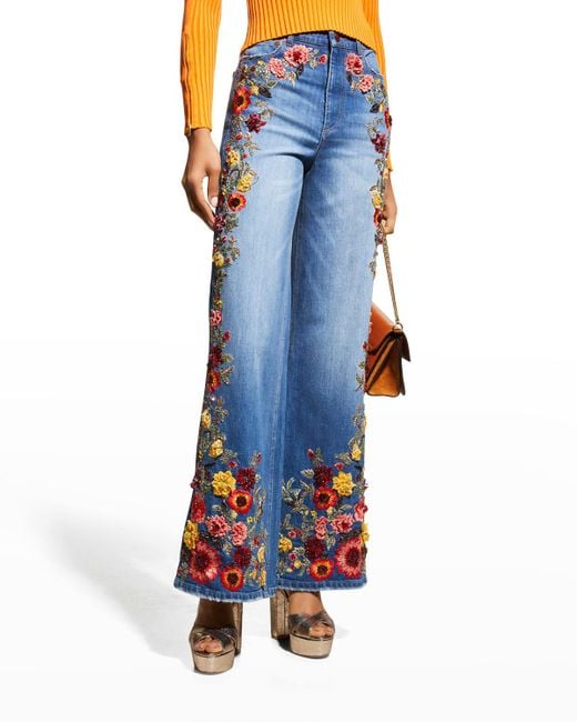 Alice + Olivia Blue Gorgeous Floral Embroidered Wide-leg Jeans