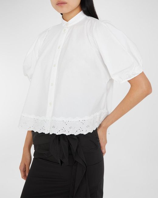 Simone Rocha White Broderie Anglaise-Trim Puff-Sleeve Crop Shirt