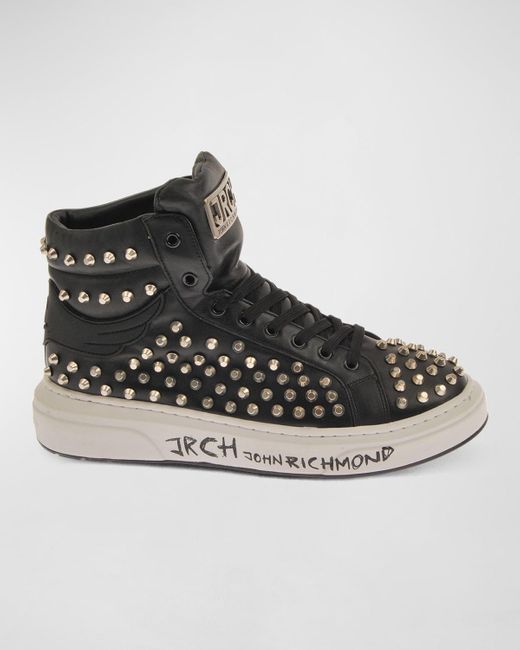 John Richmond Black Allover Studded Leather High-Top Sneakers for men