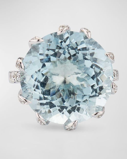 Alexander Laut Blue 18K Round Aquamarine And Pave Diamond Ring, Size 6.5