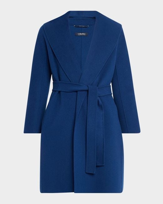 Max Mara Blue Messi Wool Belted Wrap Coat