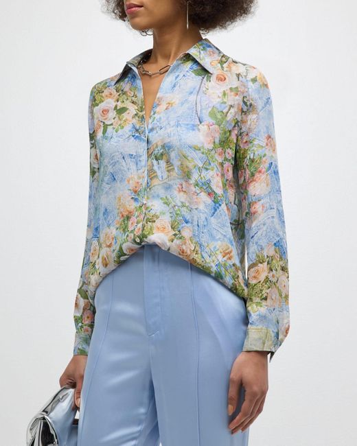 L'Agence Blue Nina Floral Silk Blouse